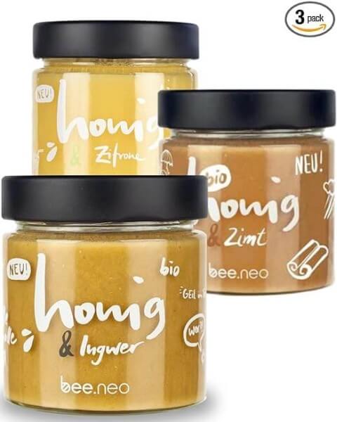 bee.neo Honig Winter Bundle 3 x 230g mit Ingwer, Zitrone & Zimt (100% natürliche Bio-Zutaten - Perfekt für Tee, asiatische Gerichte & Cocktails)